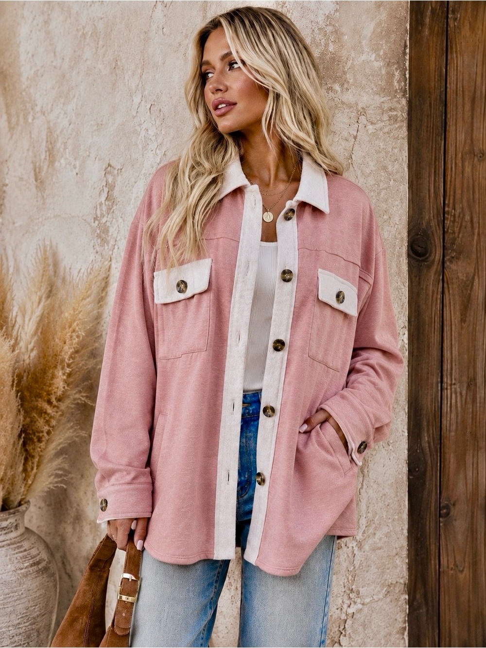 Oversized Soft Pink Contrast Trim Shacket